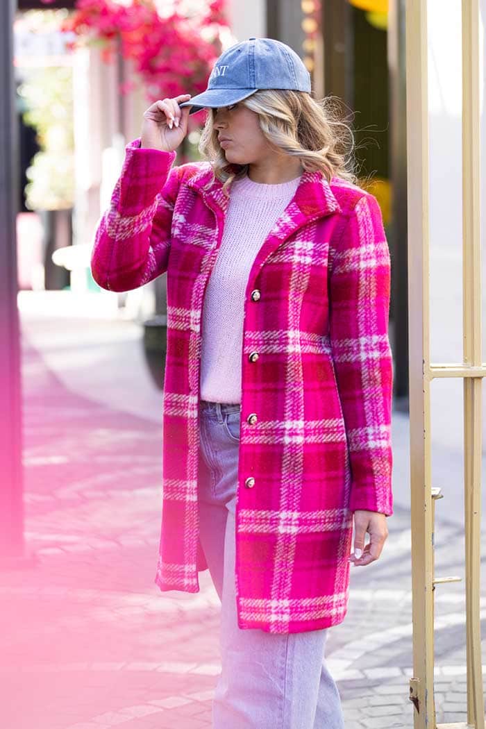 dark pink tartan print coat