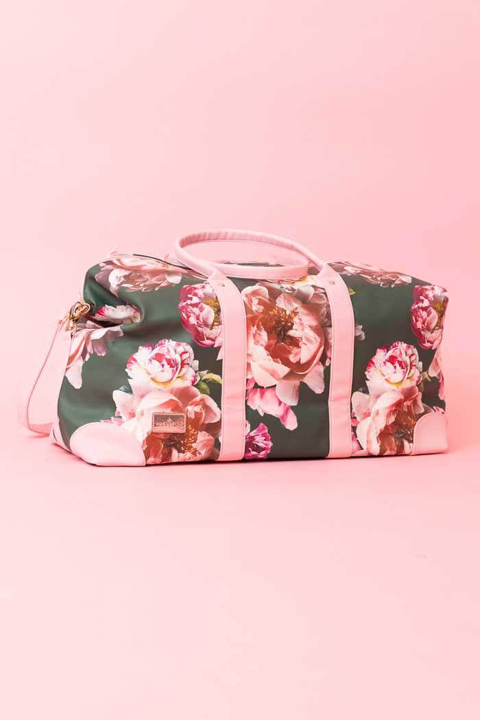 green floral duffle bag