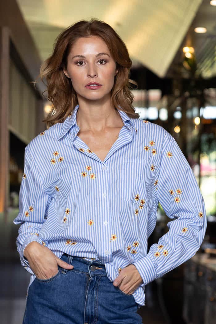 blue stripes sunflower embroidery shirt