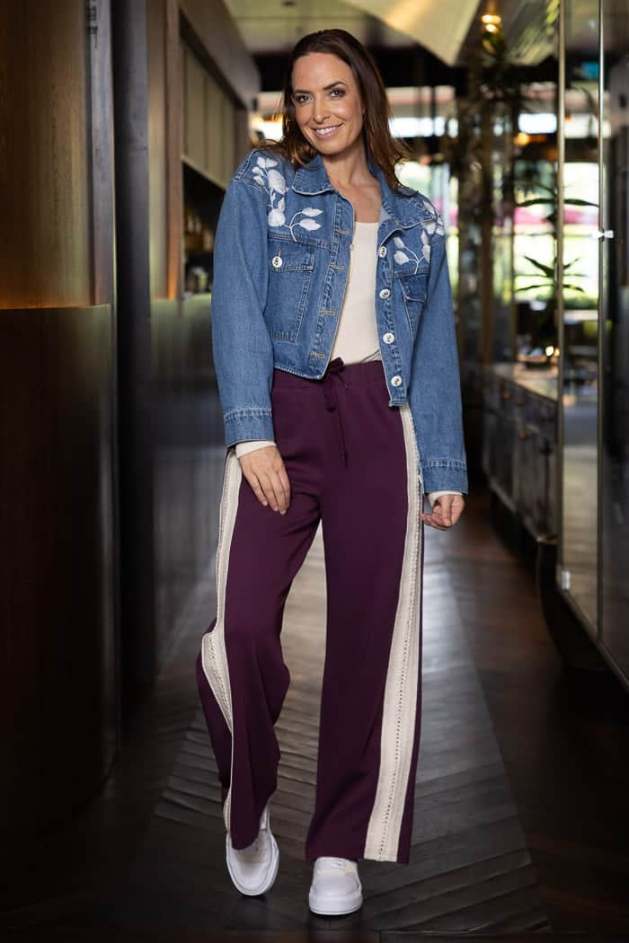 dark purple pant with woven side trim