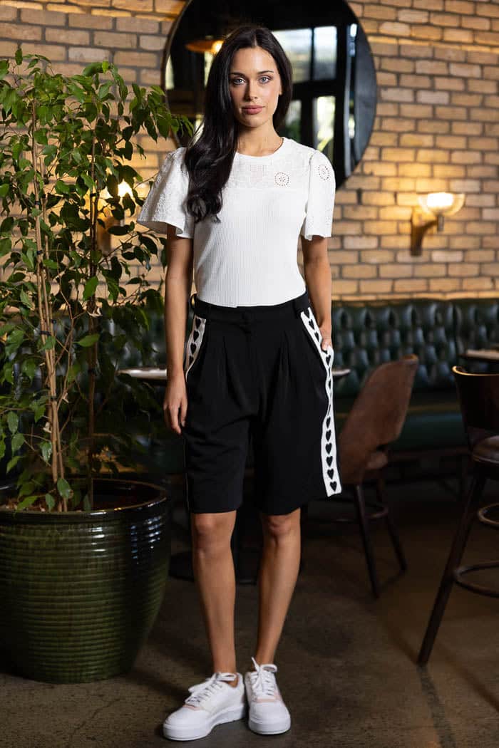black shorts with cutout heart side stripes