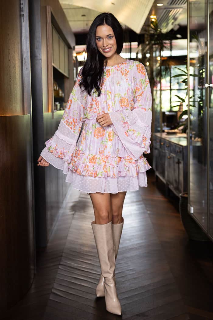 purple floral tiered mini dress