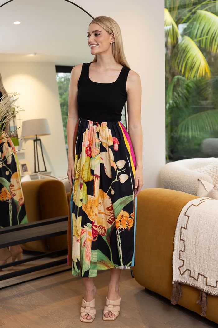 black floral ribbed bodice midi dress