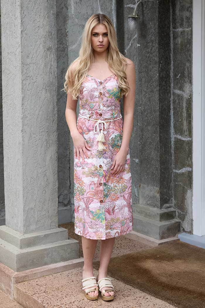 pink embroidered midi dress