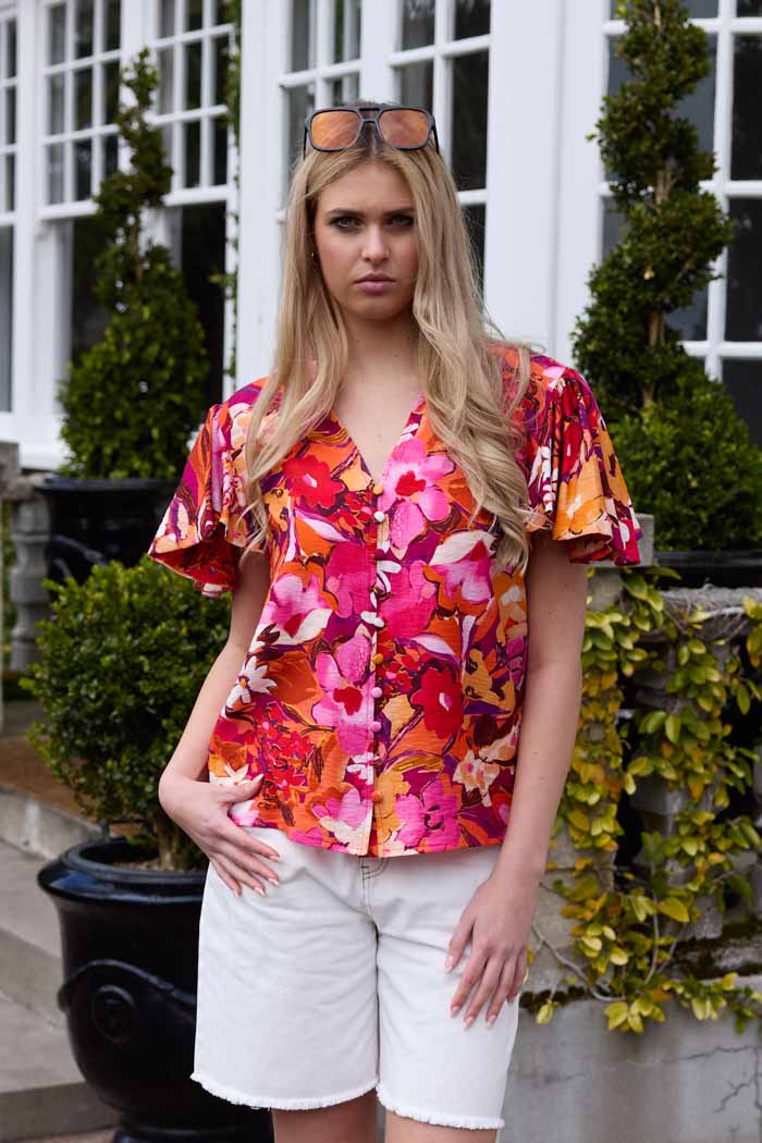 Pink and red floral button top