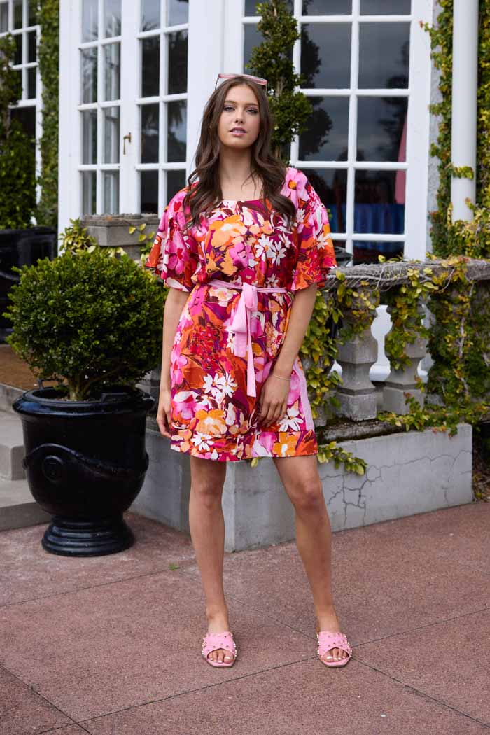 Bright floral pink and red shift mini dress