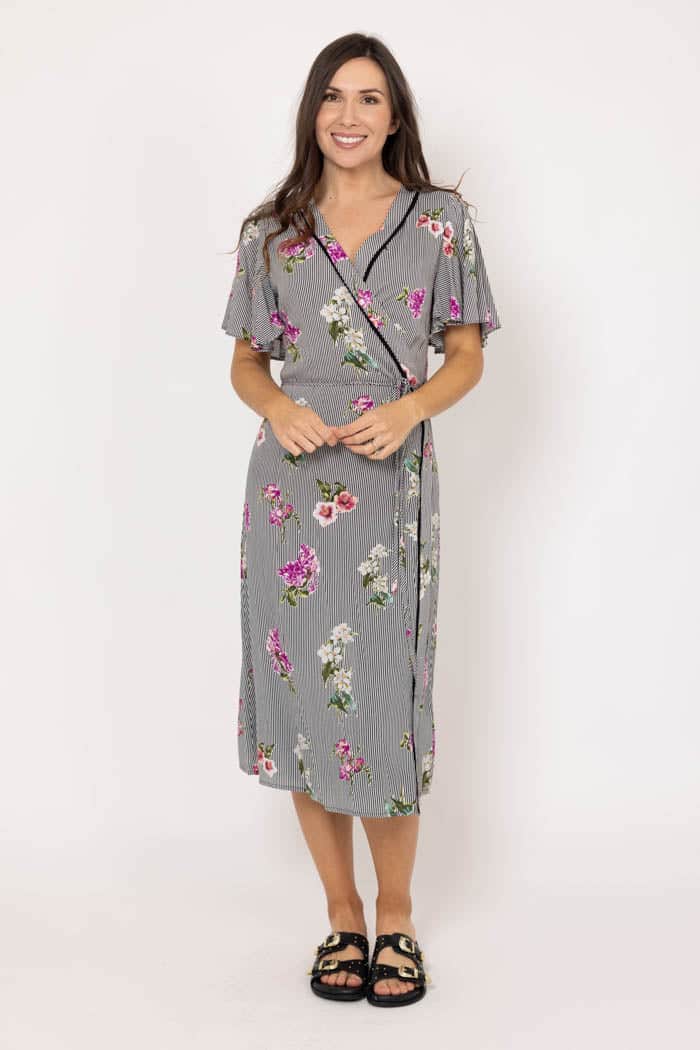 Taylor Stripe Wrap Dress Black