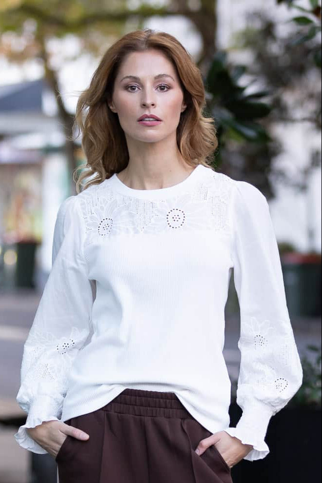 white long sleeve ribbed top with embroidery