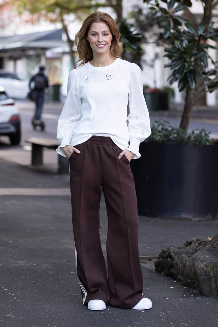 dark brown chocolate wide leg trackpant with cream side stripes