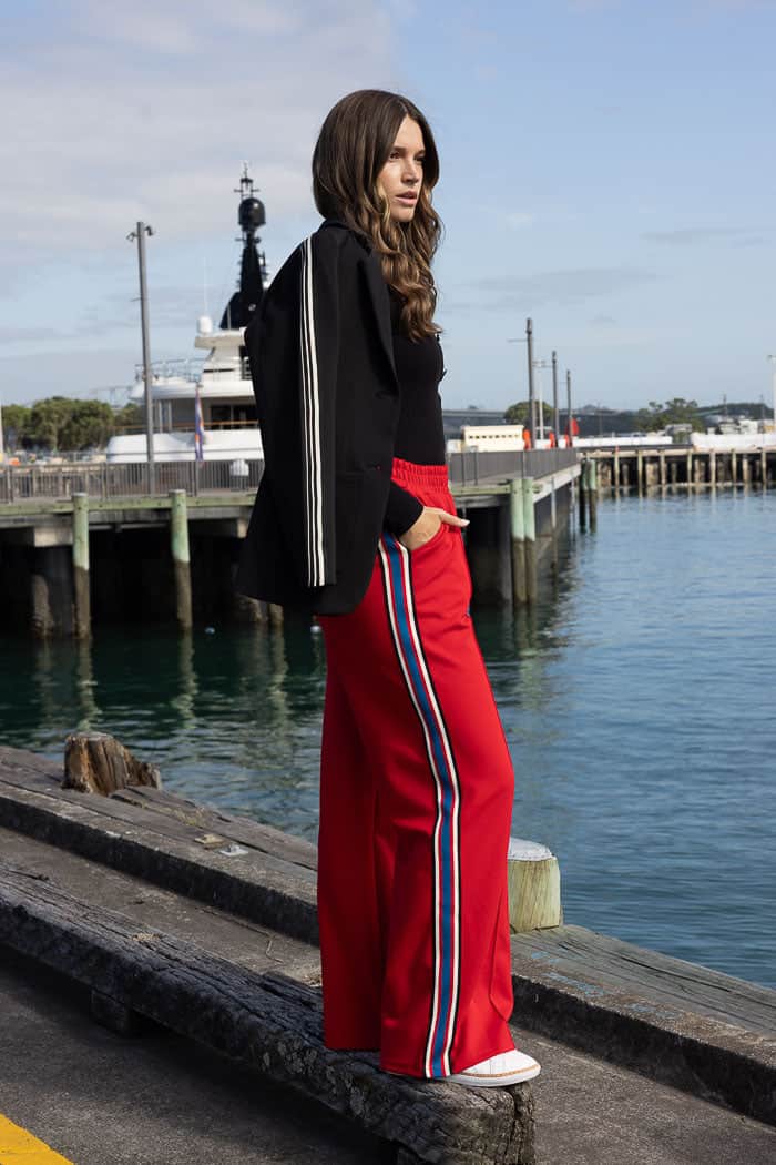 wide leg red pants with side stripes
