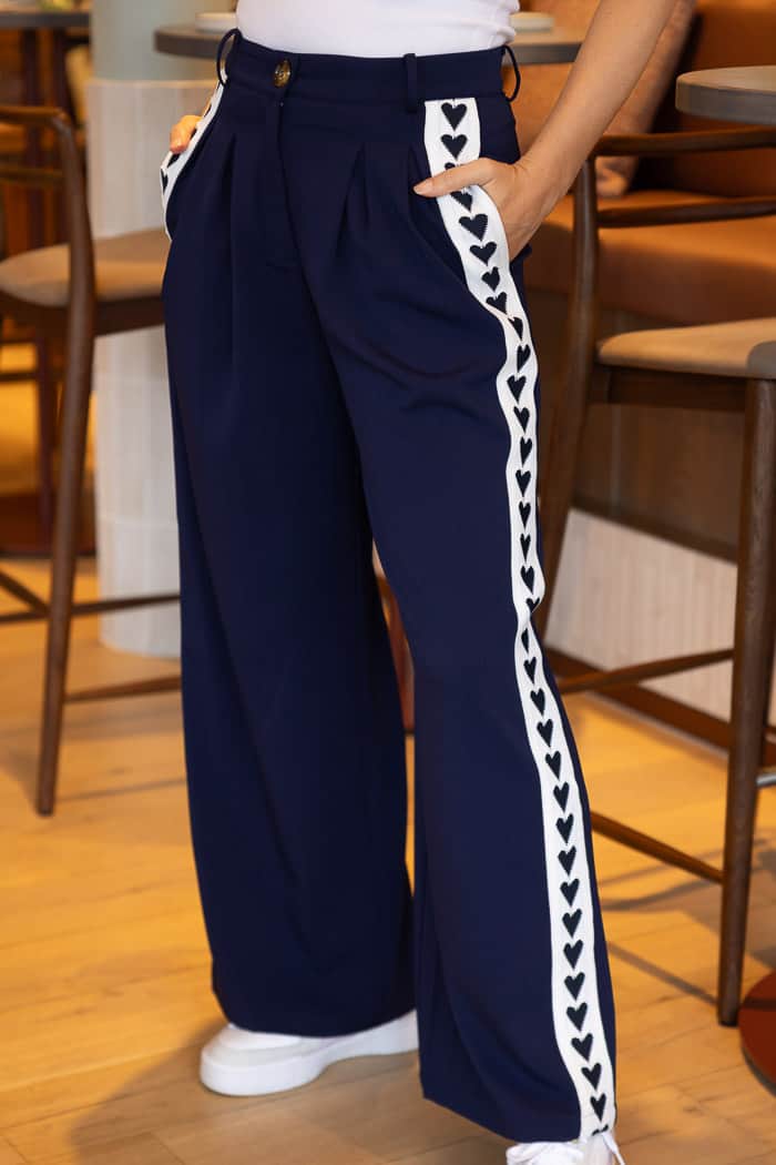 navy pants with hearts