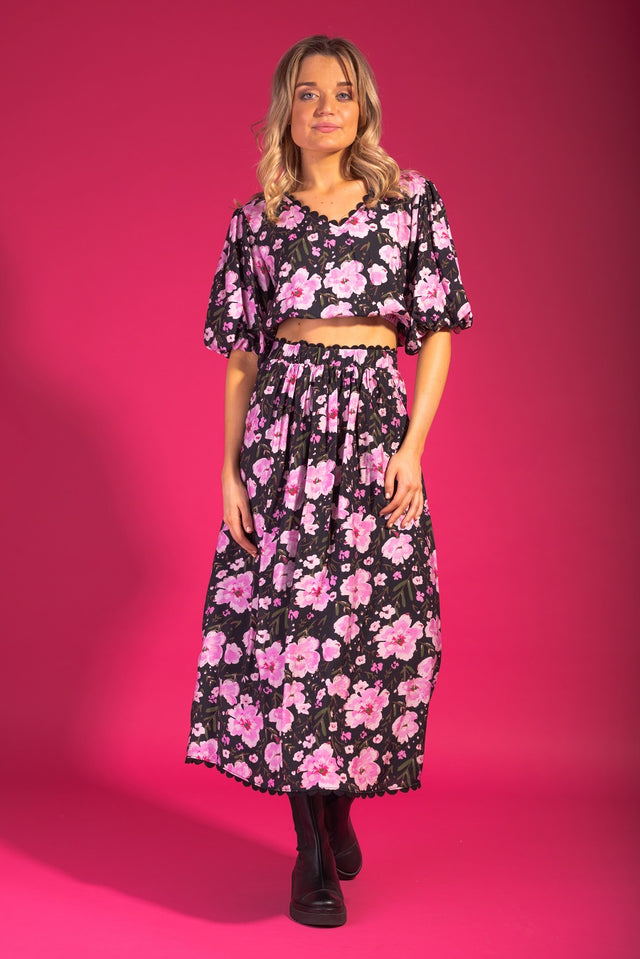 Black pink floral print maxi skirt