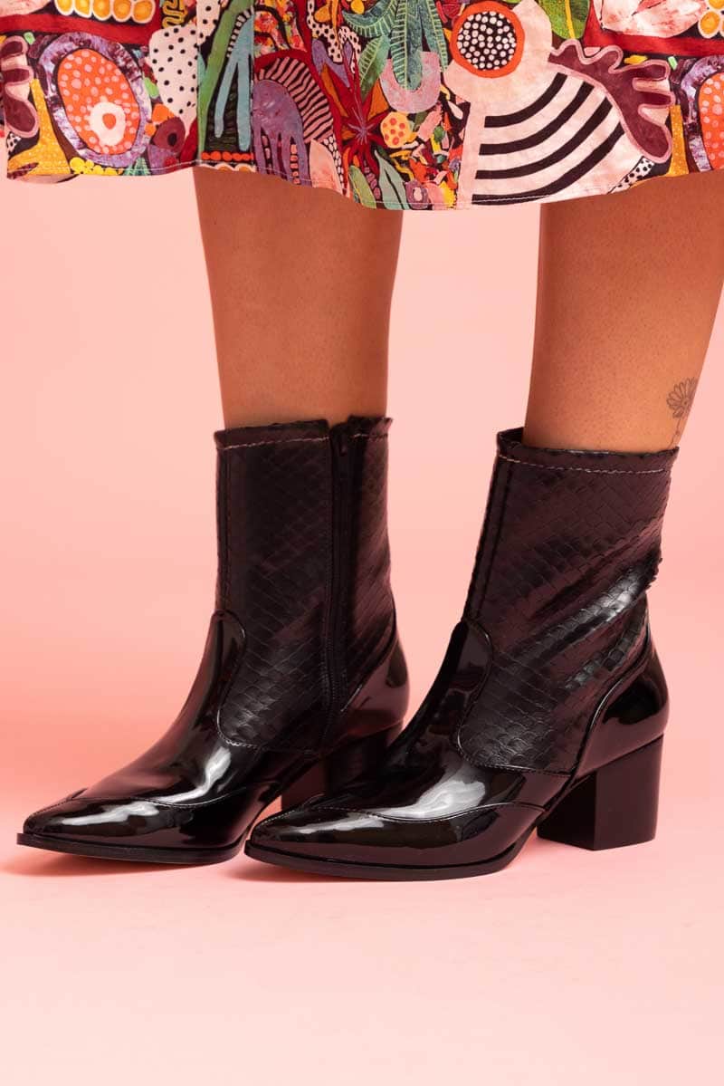 glossy black boot heel snakeskin scale