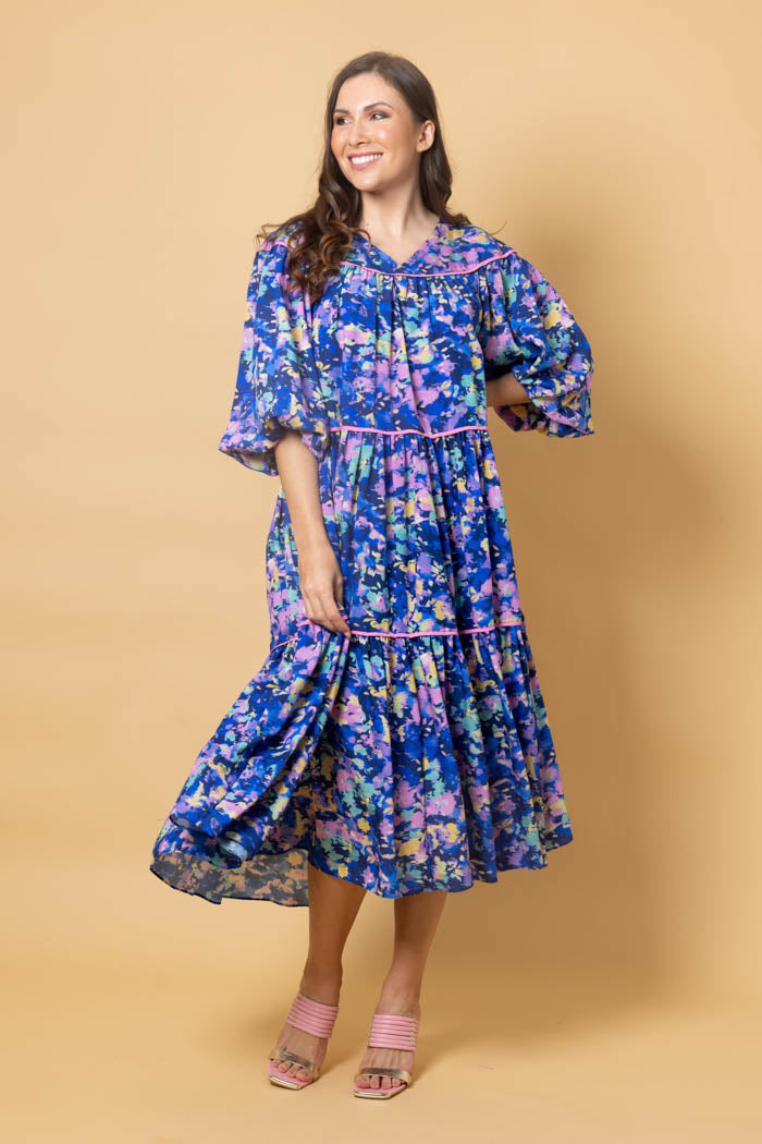 blue tiered midi dress