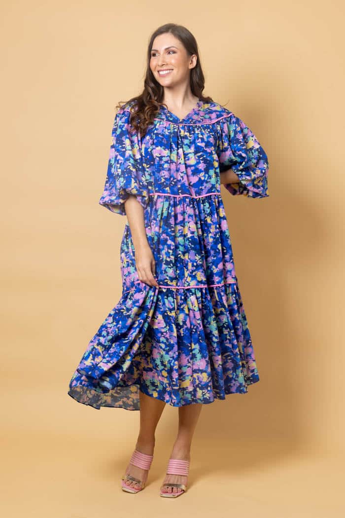 blue tiered midi dress