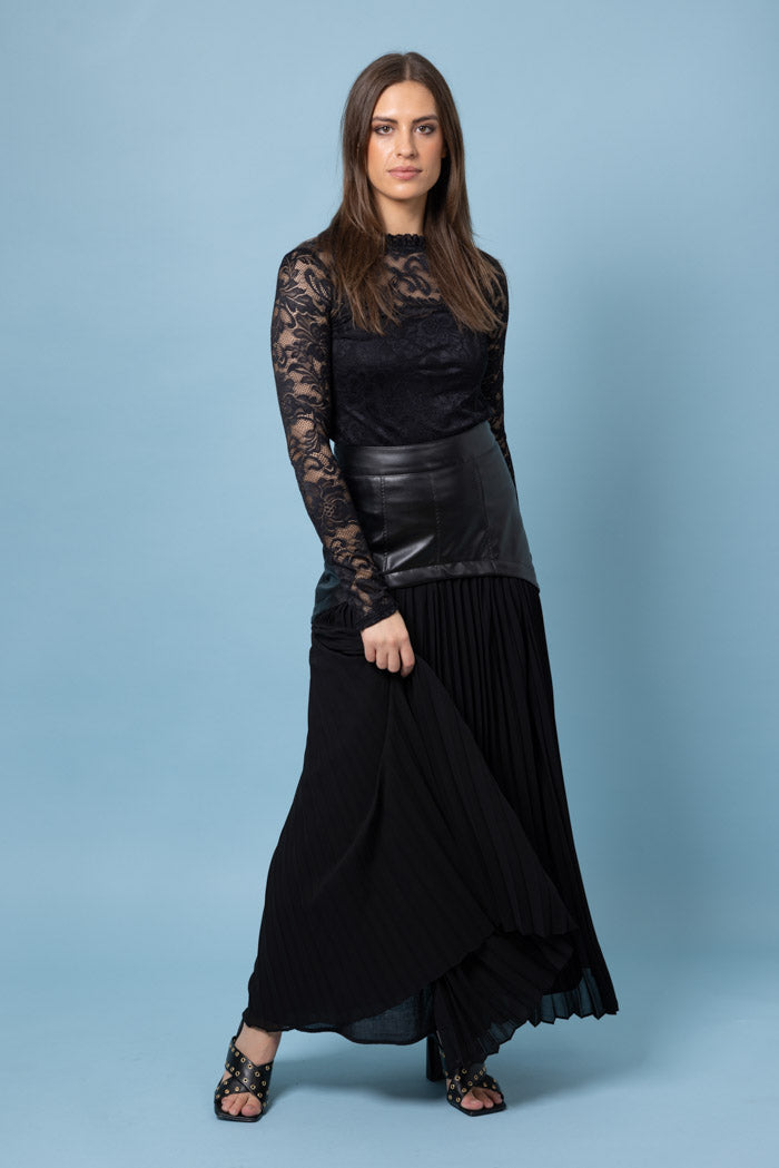 black pleated maxi skirt