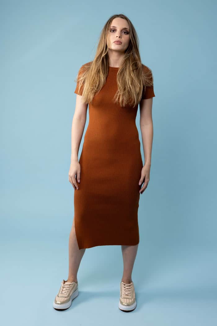 orange ribbed midi dress