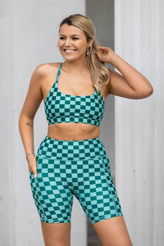 teal checkered crop bra