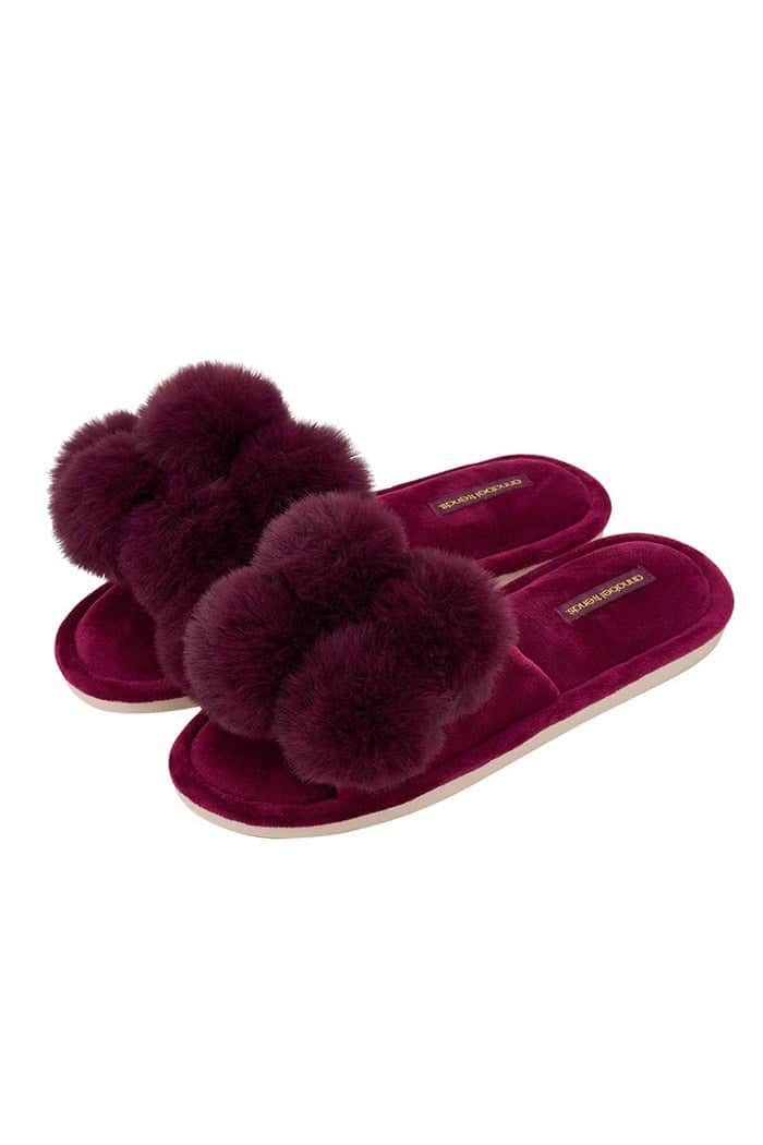 Annabel Trends Cosy Luxe Slippers Pom Pom S/M Mulberry