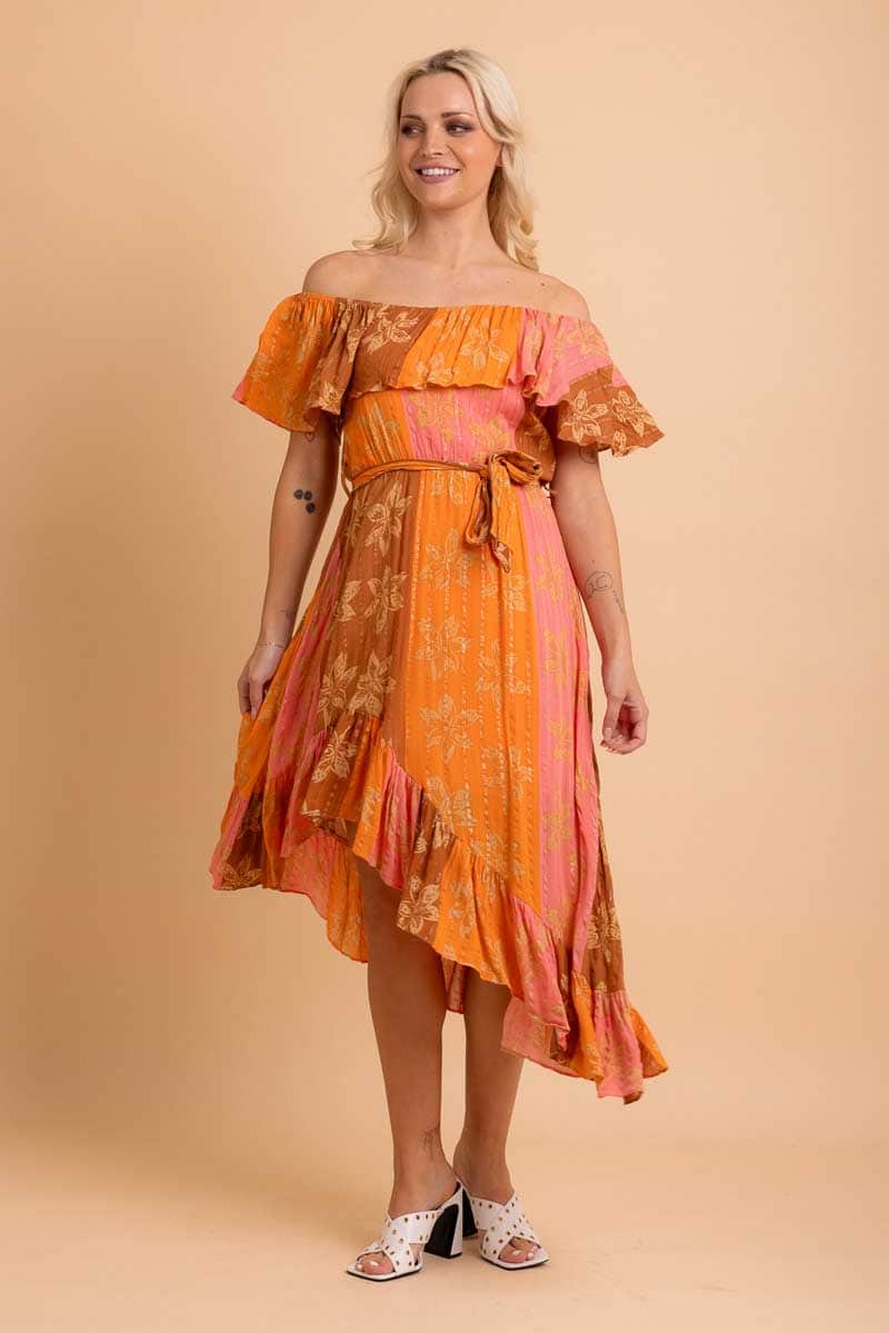 orange strapless midi dress