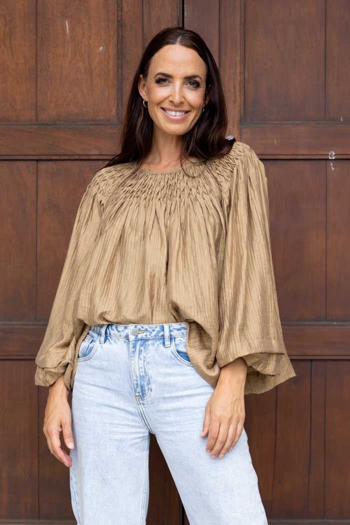 beige smocked blouse top