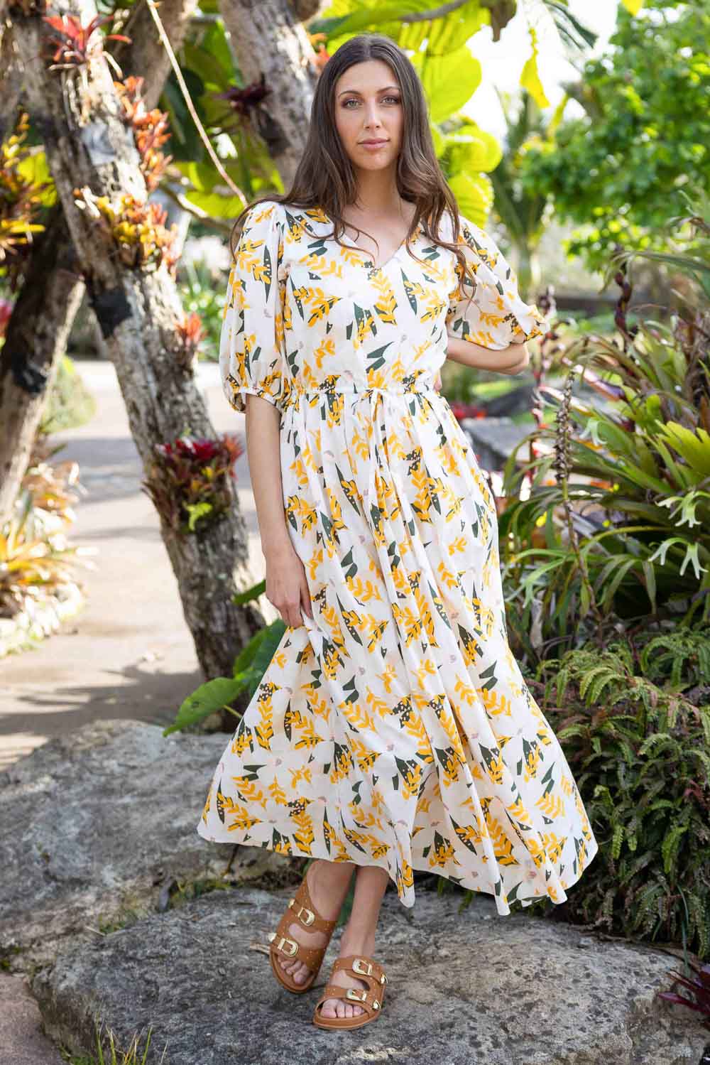 yellow floral midi dress
