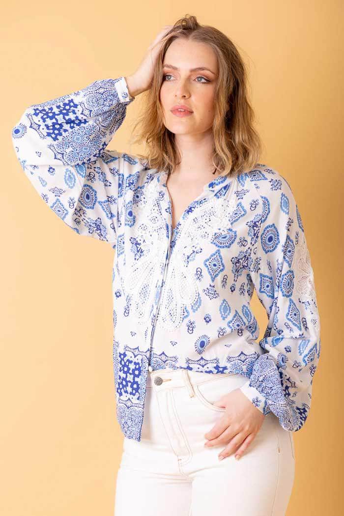 blue paisley lace shirt