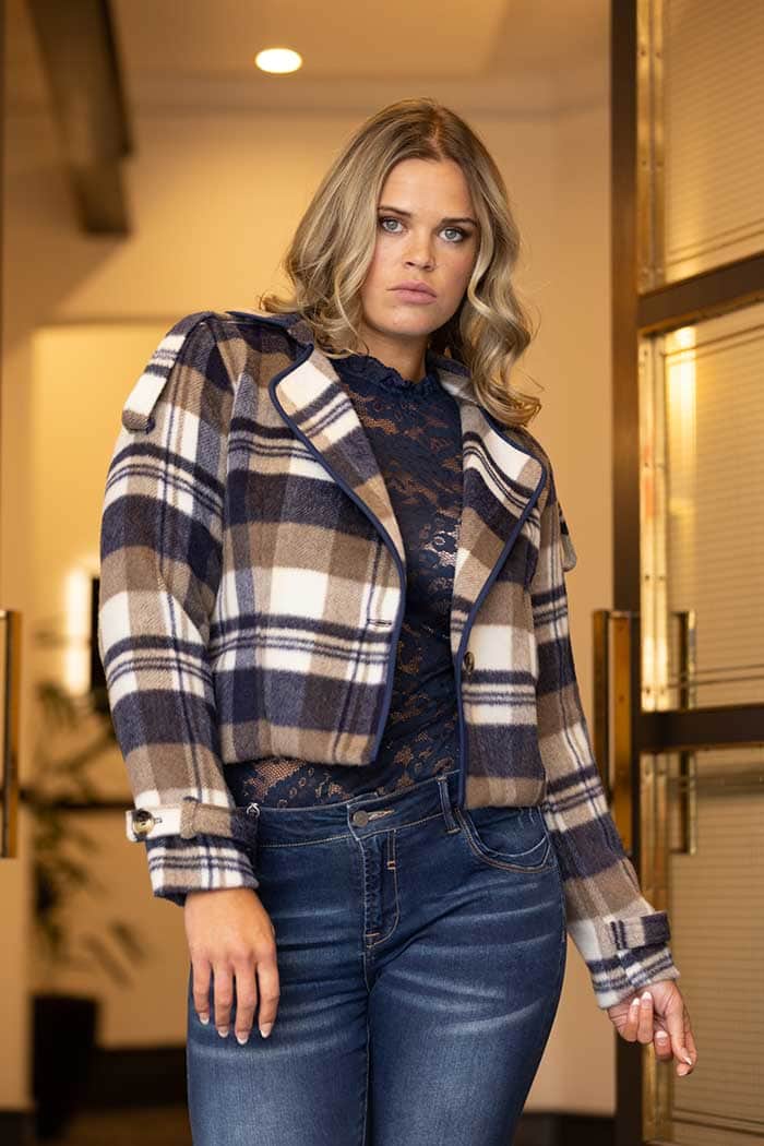 blue tartan cropped trench jacket