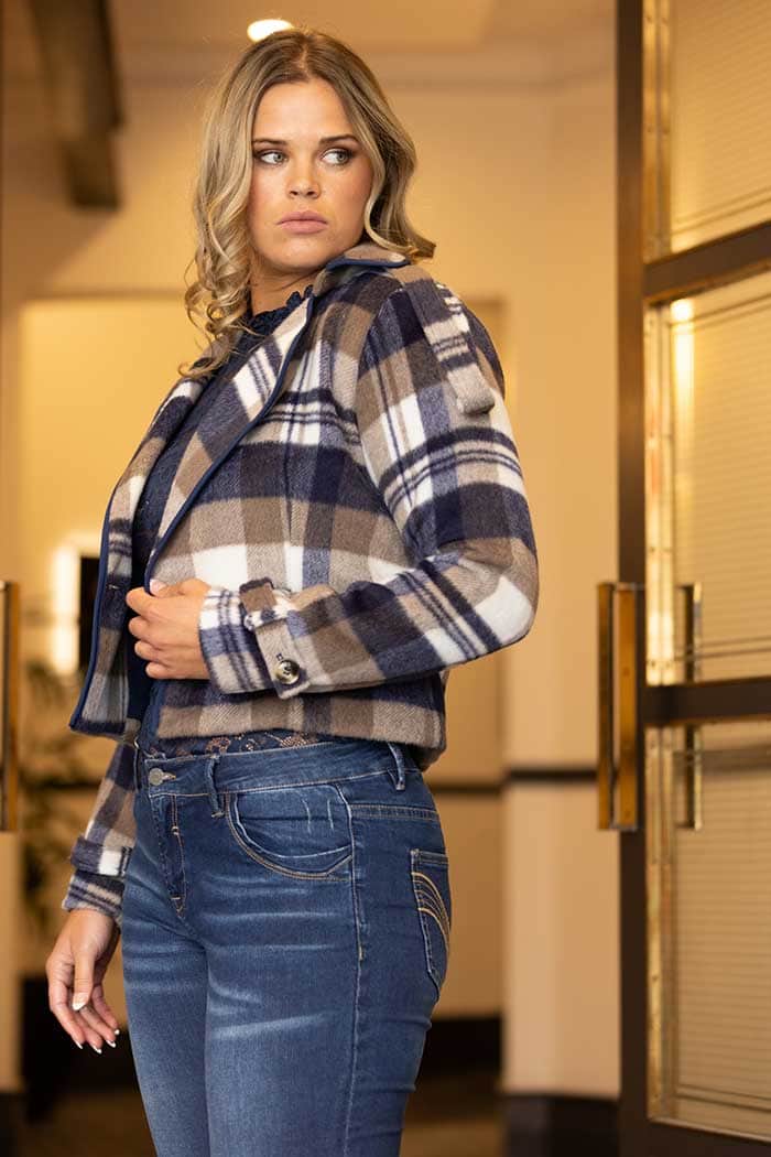 Emma Cropped Trench Blue Tartan 2