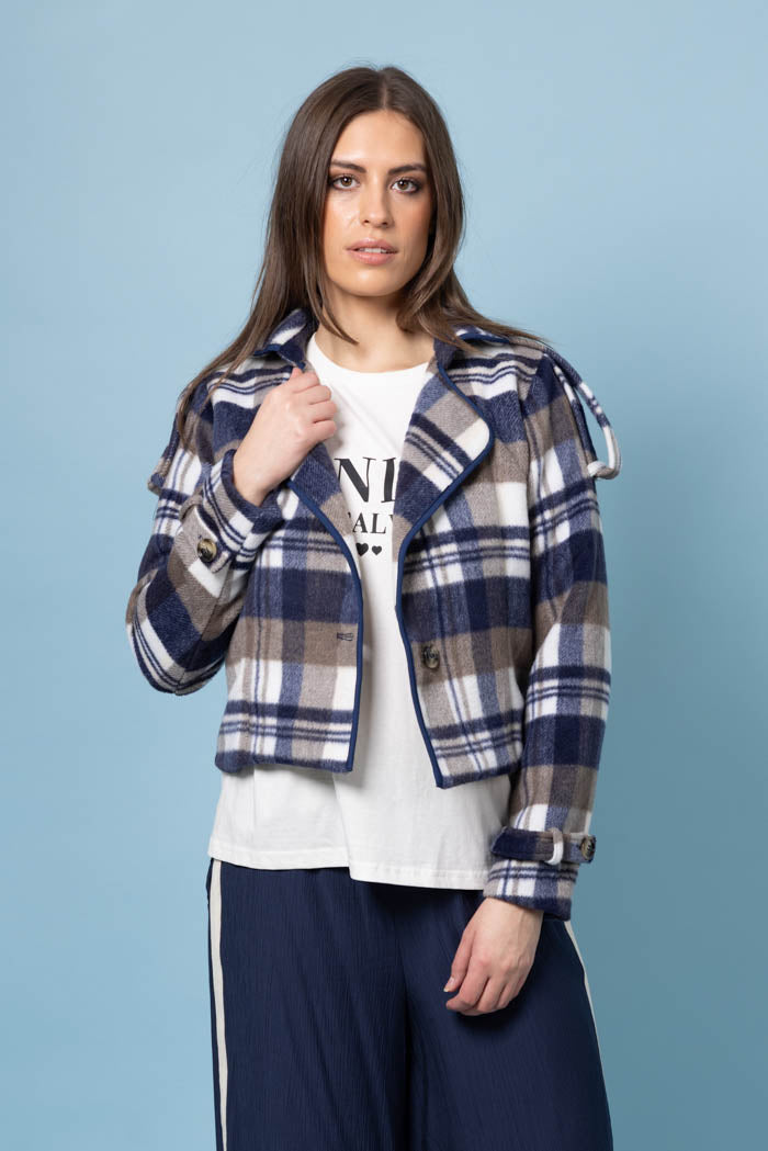 blue tartan trench jacket