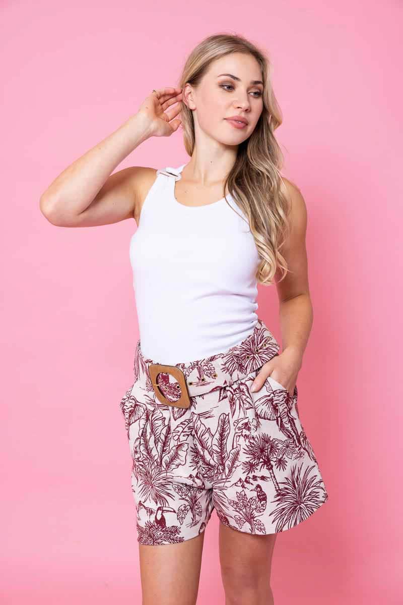 maroon jungle print shorts