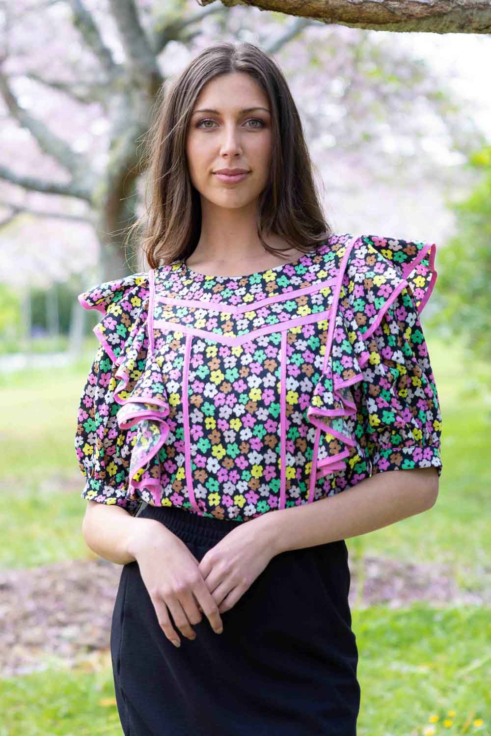 frilly black floral top