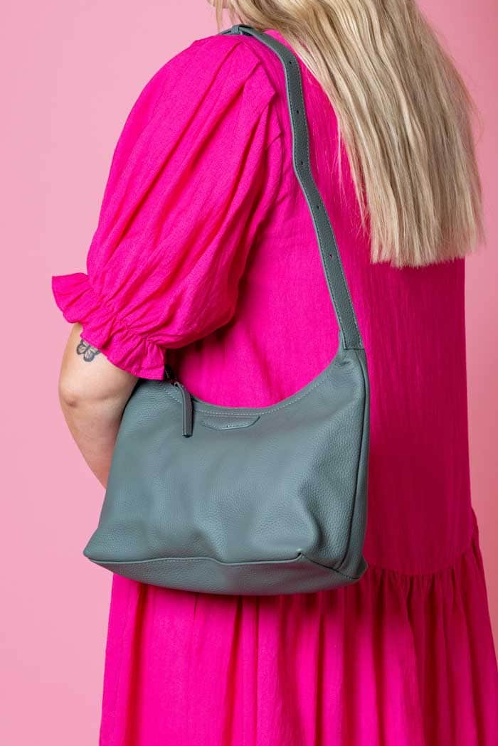 grey teal leather handbag