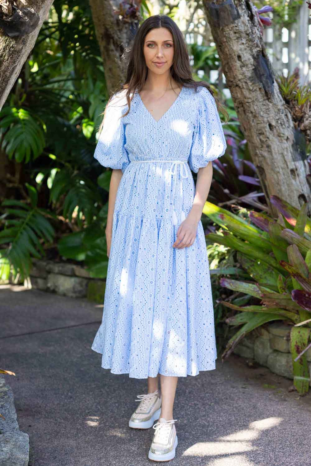 blue stripe midi dress