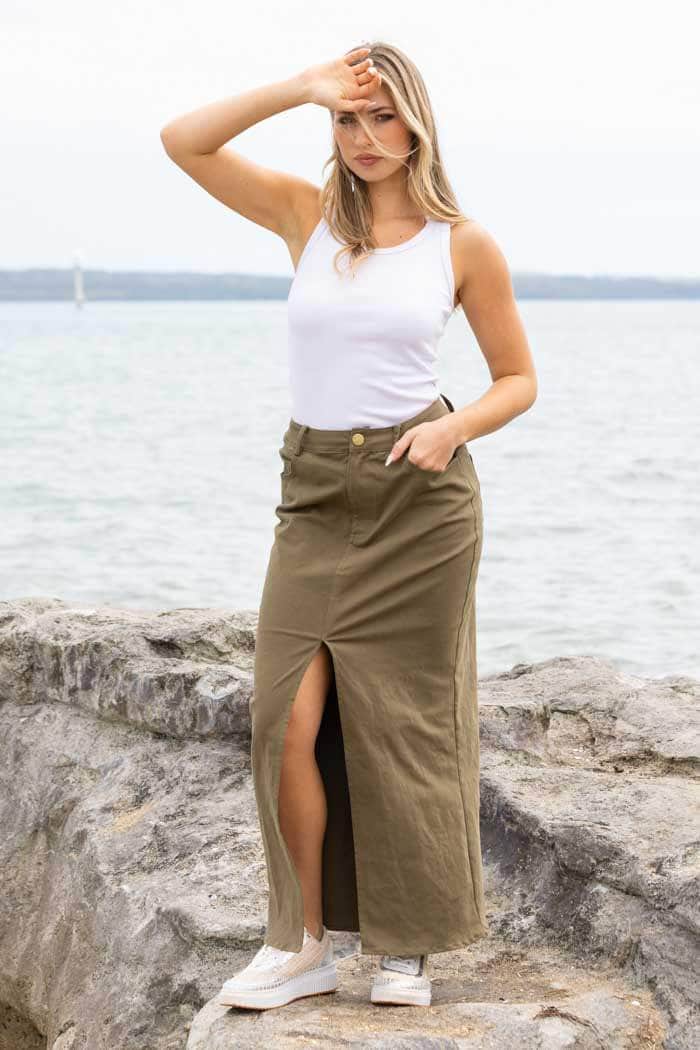 khaki denim maxi skirt