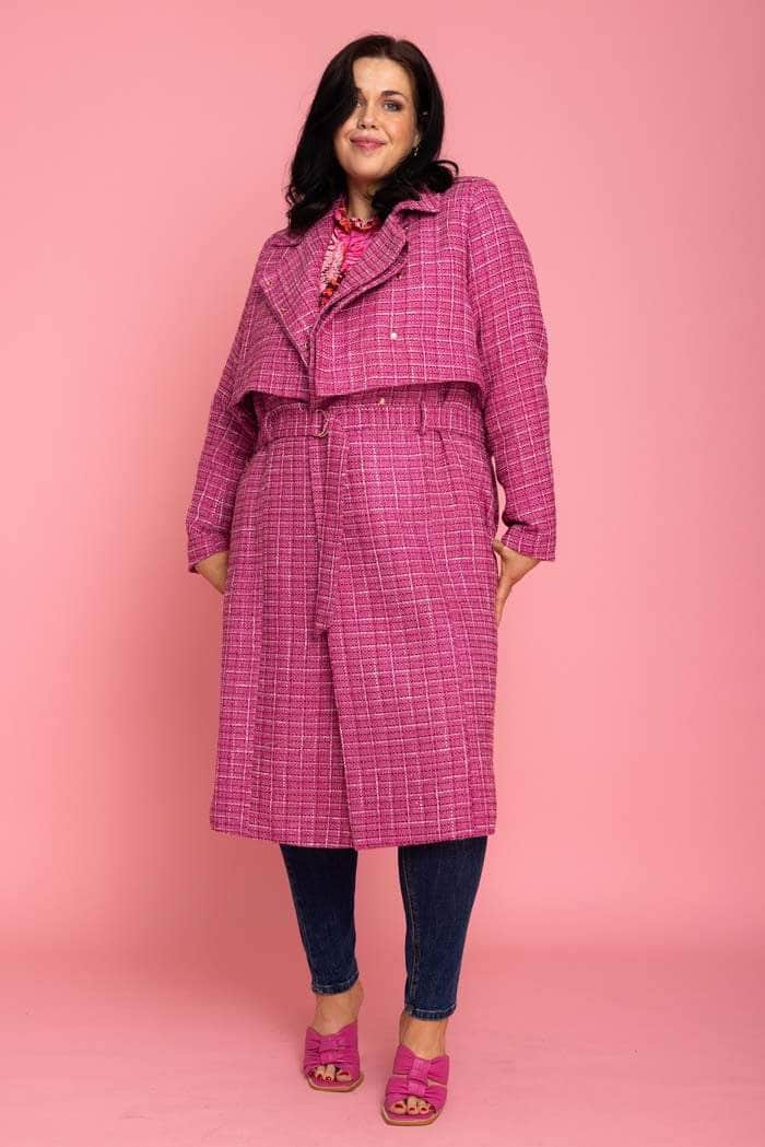 pink tweed trench coat plus size