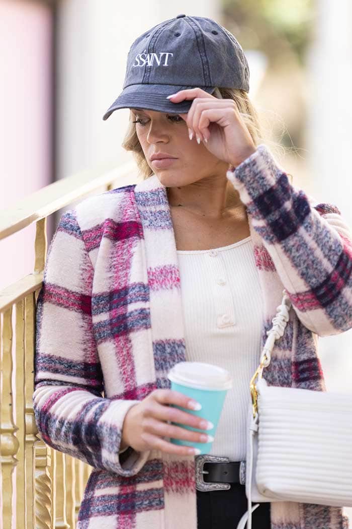 Harriet Cardigan Beige Navy Tartan 3