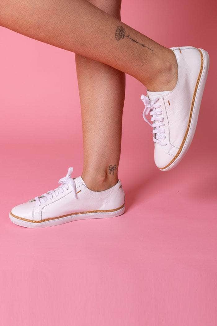 white leather sneakers