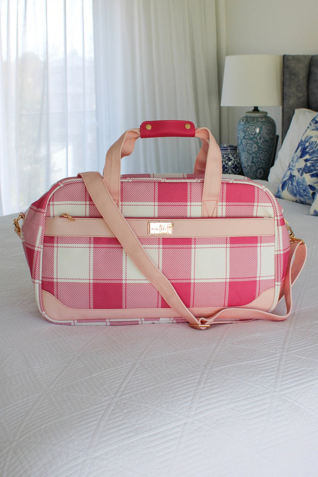 pink & white tartan print canvas overnight bag