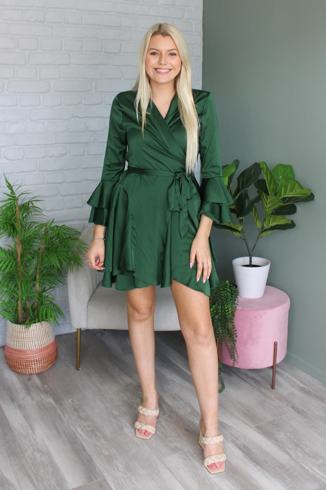 emerald green wrap mini dress