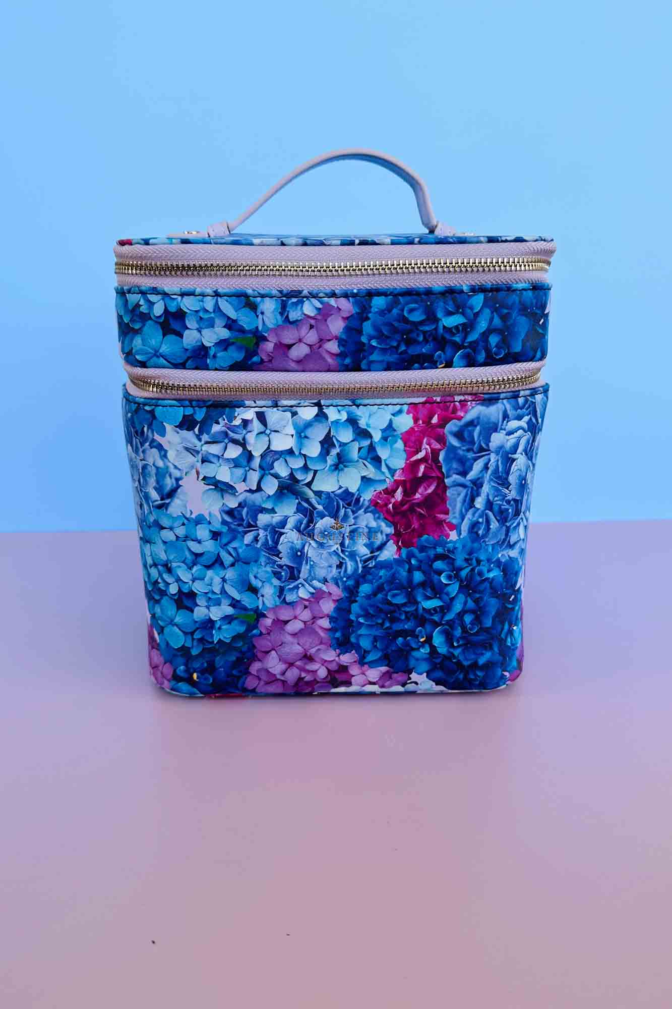 blue and purple hydrandea print cosmetic bag