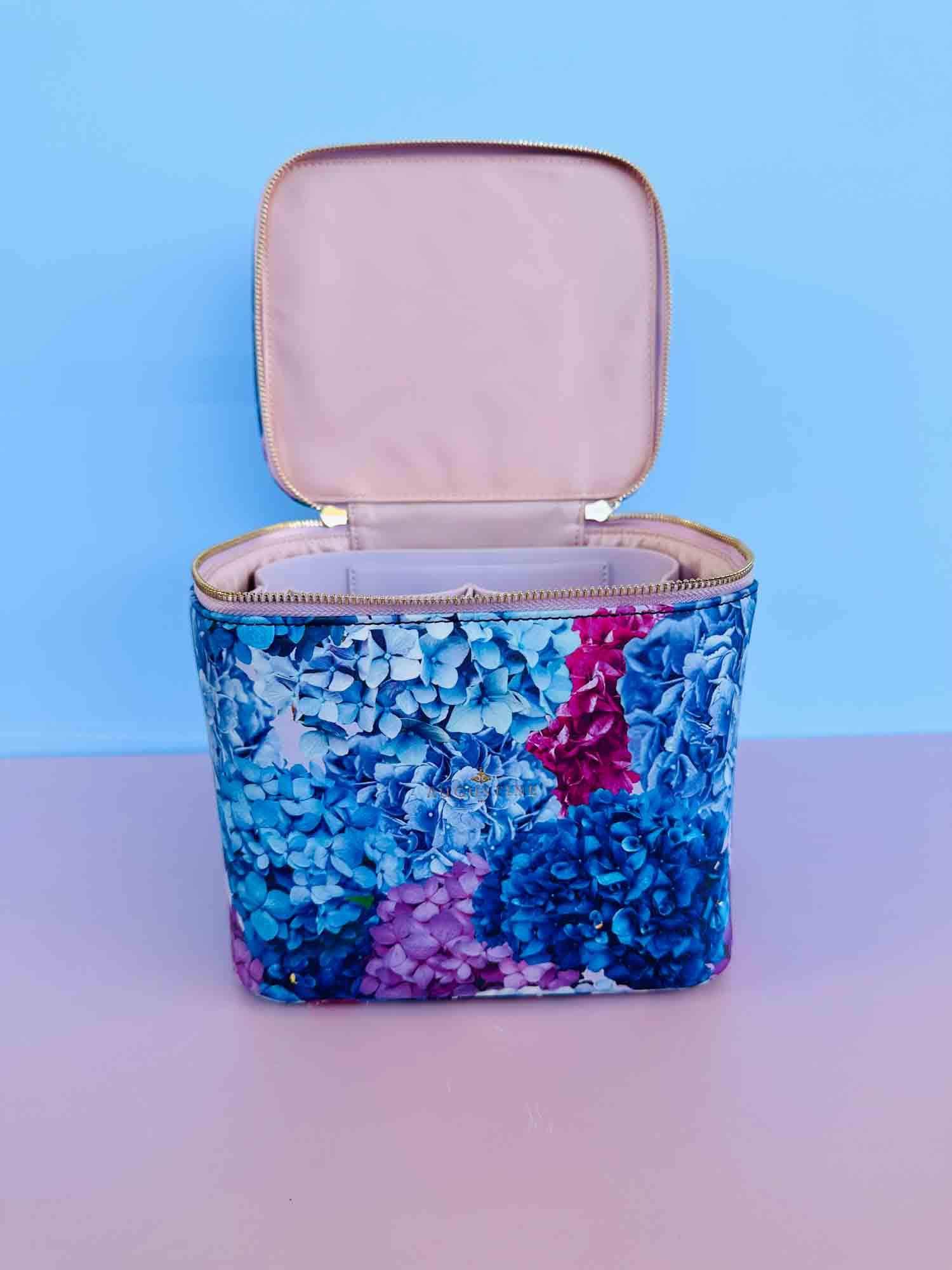 blue and purple hydrandea print cosmetic bag
