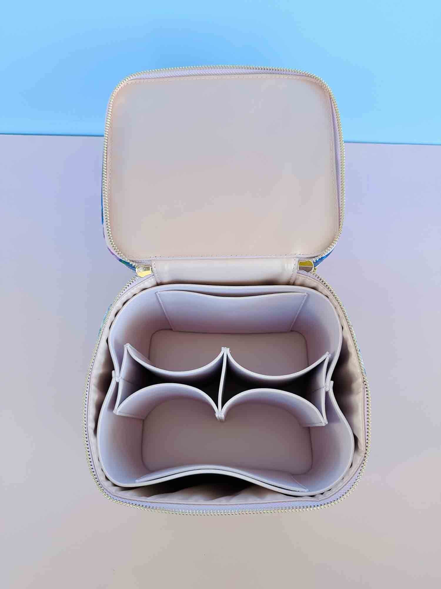 blue and purple hydrandea print cosmetic bag