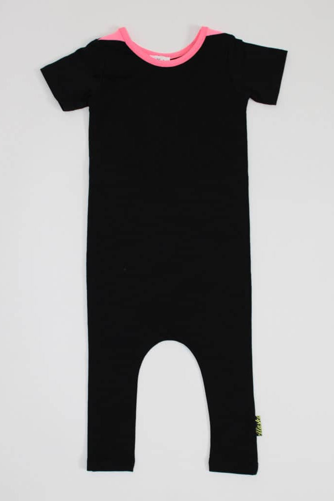 black and fluro pink baby romper