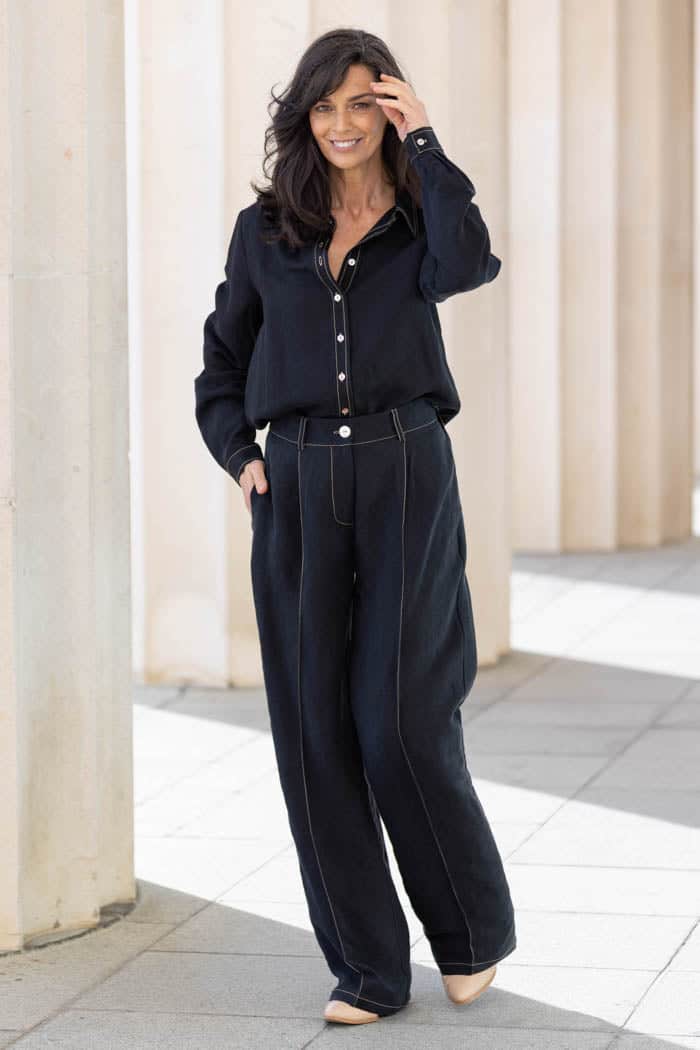 Isla Black Pants Caramel Contrast Stitching 2