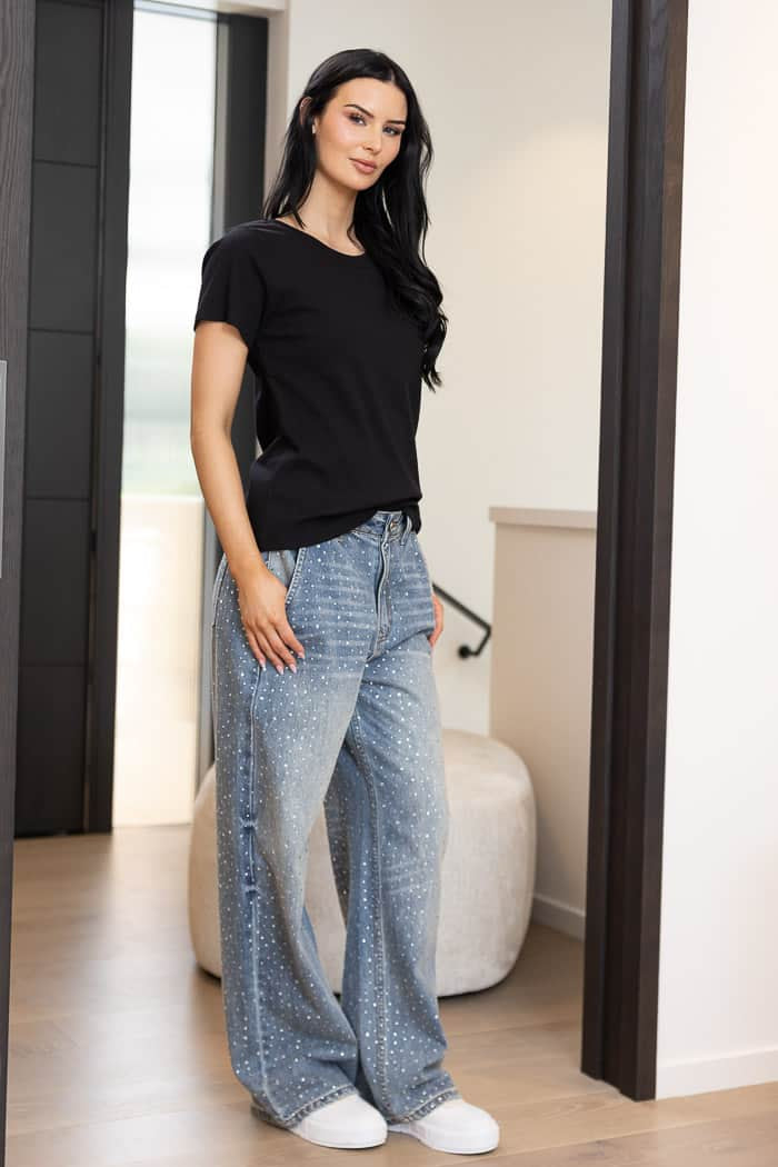 diamante wide leg blue denim jeans