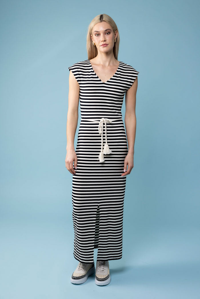 striped black maxi dress