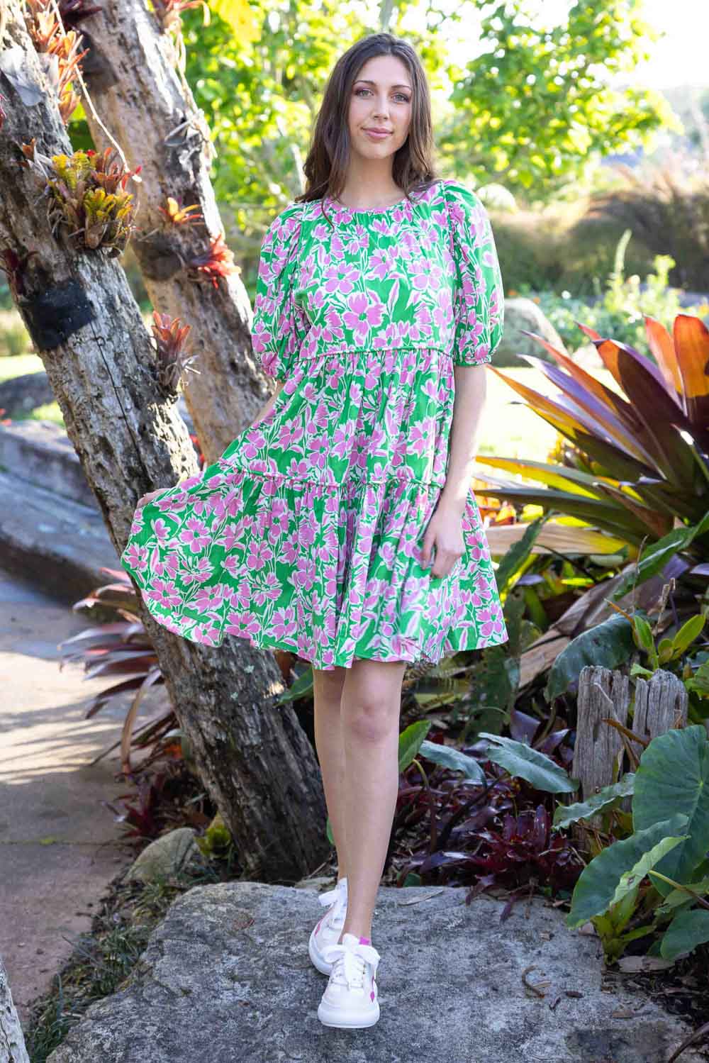 green floral puffy sleeve dress