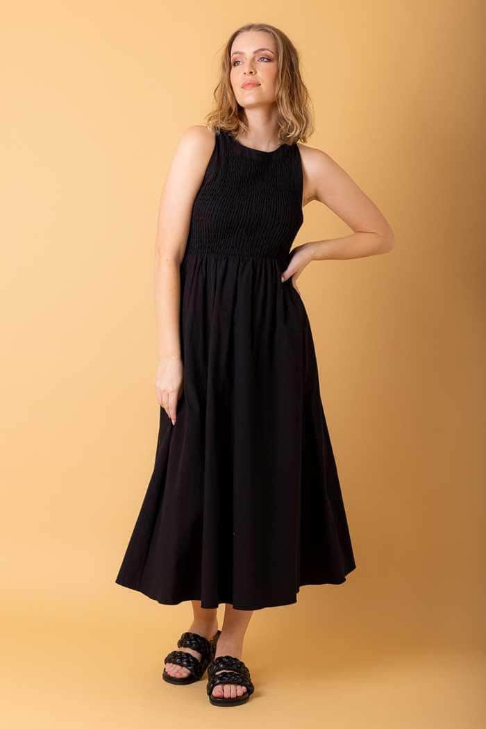 shirred black maxi dress