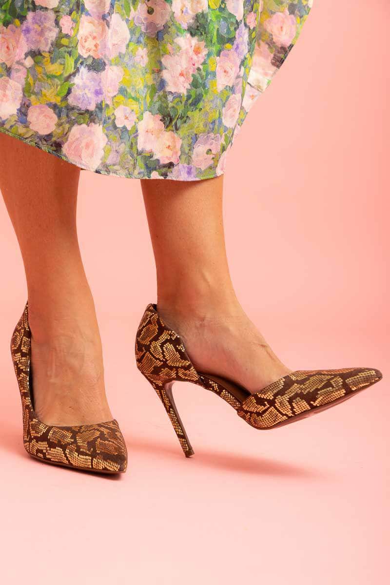 snake print gold heel